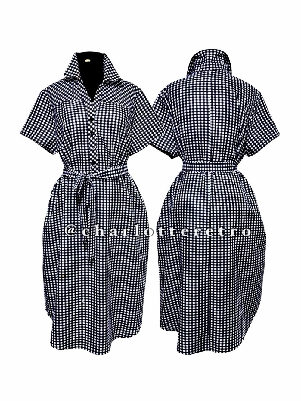 vtg Blair • Black & White Check Plaid Midi Dress w Pockets